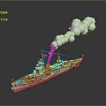 Vintage Battleship As Water Transport With Smoke Emitting Turrets And Red Bottom Reflection