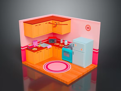 Cartoon Kitchen Interior With Pink Walls Orange Cabinets Blue Oven And Light Blue Refrigerator 3d model