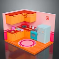 Cartoon Kitchen Interior With Pink Walls Orange Cabinets Blue Oven And Light Blue Refrigerator