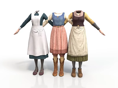 Different Style Household Aprons on Mannequins with Long Sleeve Tops Skirts and Boots 3d model