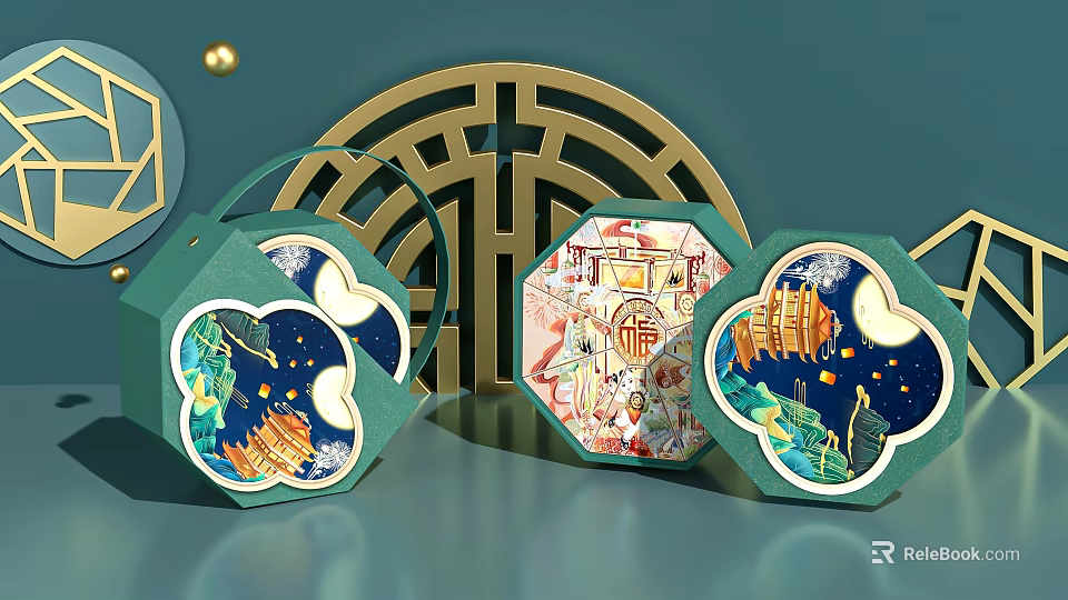 Traditional Chinese Decorative Green Boxes With Artwork And Golden Background Patterns 3d model