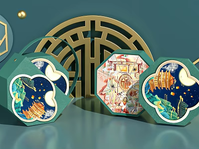 Traditional Chinese Decorative Green Boxes With Artwork And Golden Background Patterns 3d model