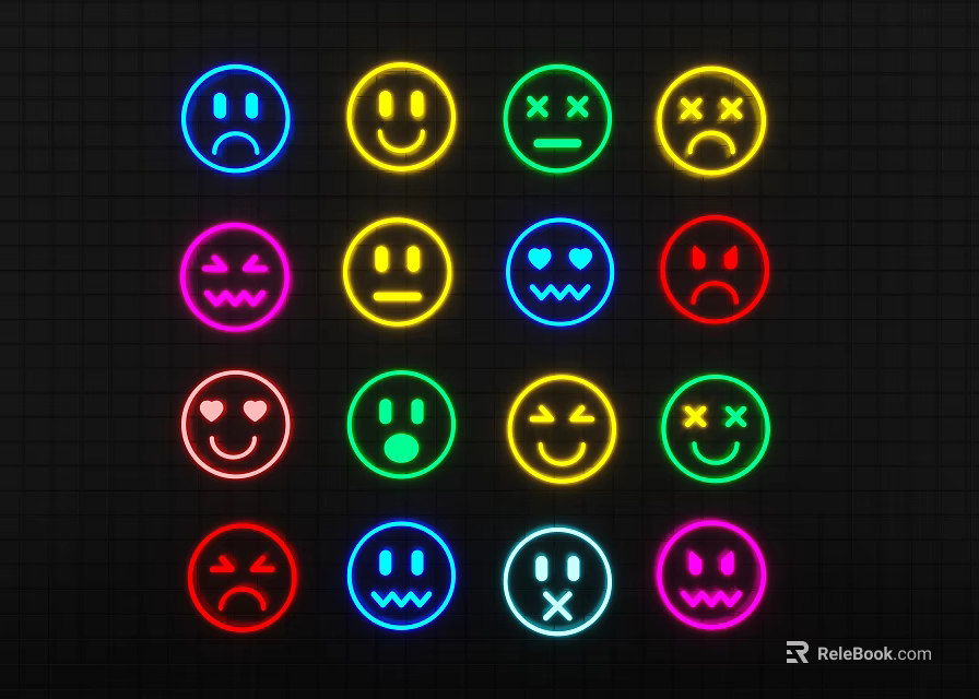 Colorful Neon Decorative Lights With Various Emoji Expressions And Bright Glow 3d model 