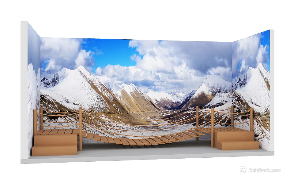 Wooden Suspension Bridge With Snowy Mountains And Blue Sky Overlooking Scenic Mountain Landscape 3d model 