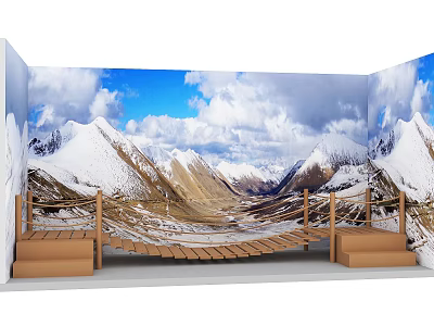 Wooden Suspension Bridge With Snowy Mountains And Blue Sky Overlooking Scenic Mountain Landscape 3d model