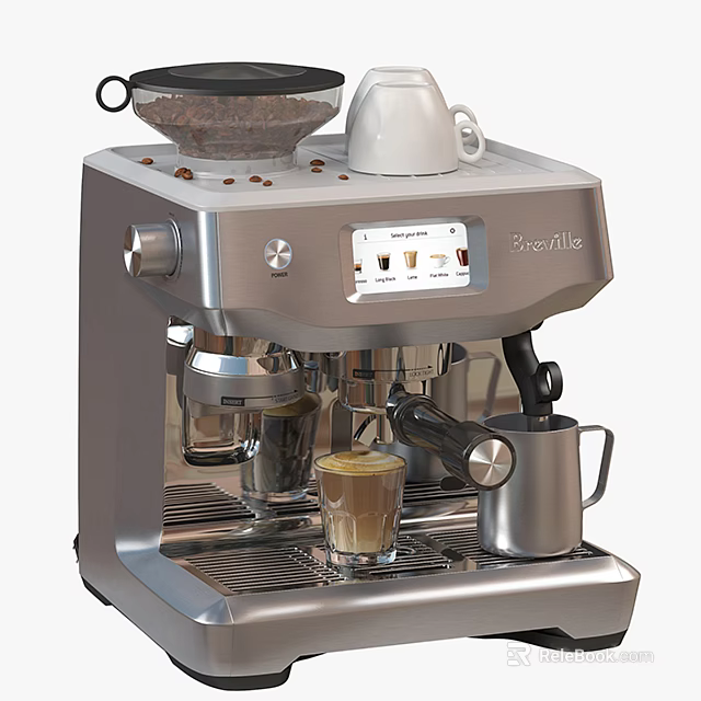 Breville Kitchen Coffee Machine Making Coffee With Cup And Beans 3d model