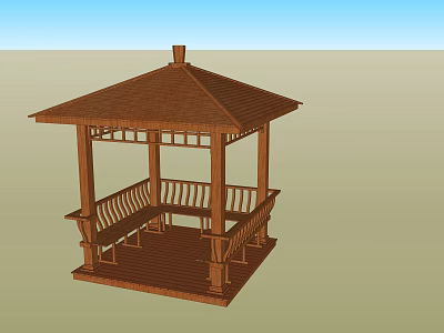 Wooden Garden Gazebo With Pagoda Style Roof Columns Seating Benches And Railings 3d model