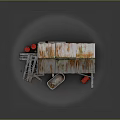 Weathered Wooden Hut with Rusty Metal Roof Surrounded by Tools Wheelbarrow and Wooden Planks