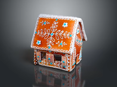 Decorative Gingerbread House With White And Blue Frosting Snowflake Leaf Patterns 3d model