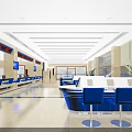 Modern Service Hall Interior With Blue Waiting Chairs Service Counters And Digital Screens