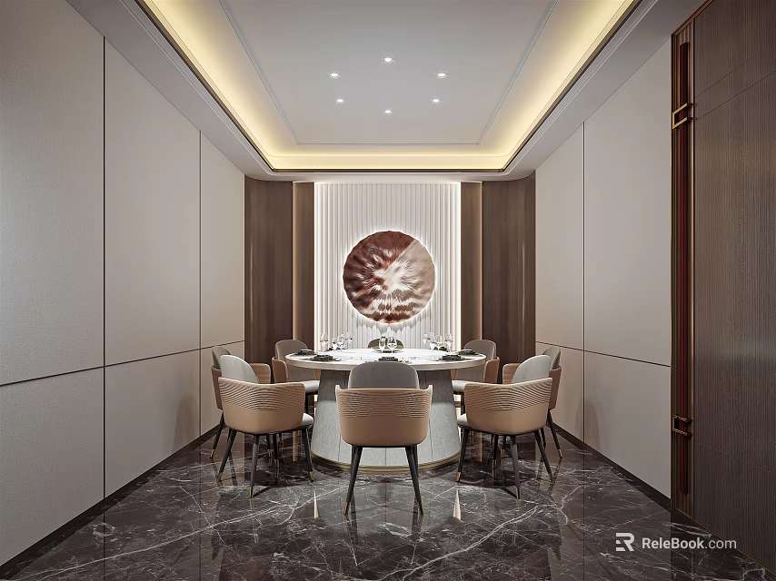 Modern Elegant Private Dining Room With Round Table Beige Chairs Marble Floor Circular Decor 3d model