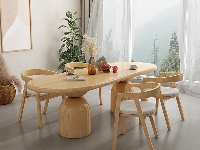 Cream Style Dining Table and Chair Combination Thick Leg Dining Table Solid Wood Dining Table and Chair Round Dining Table Oval Dining Table model