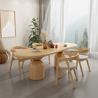 Cream Style Dining Table and Chair Combination Thick Leg Dining Table Solid Wood Dining Table and Chair Round Dining Table Oval Dining Table 3d model