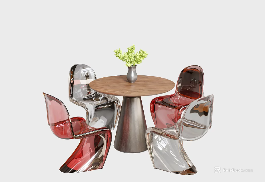 Modern Round Wooden Table with Metal Legs and Transparent Chairs Green Plant Vase 3d model 