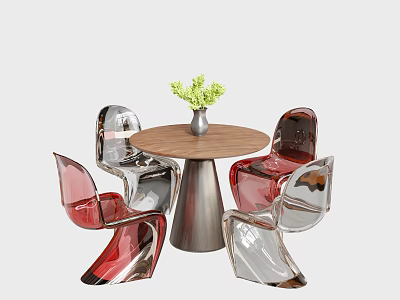 Modern Round Wooden Table with Metal Legs and Transparent Chairs Green Plant Vase 3d model