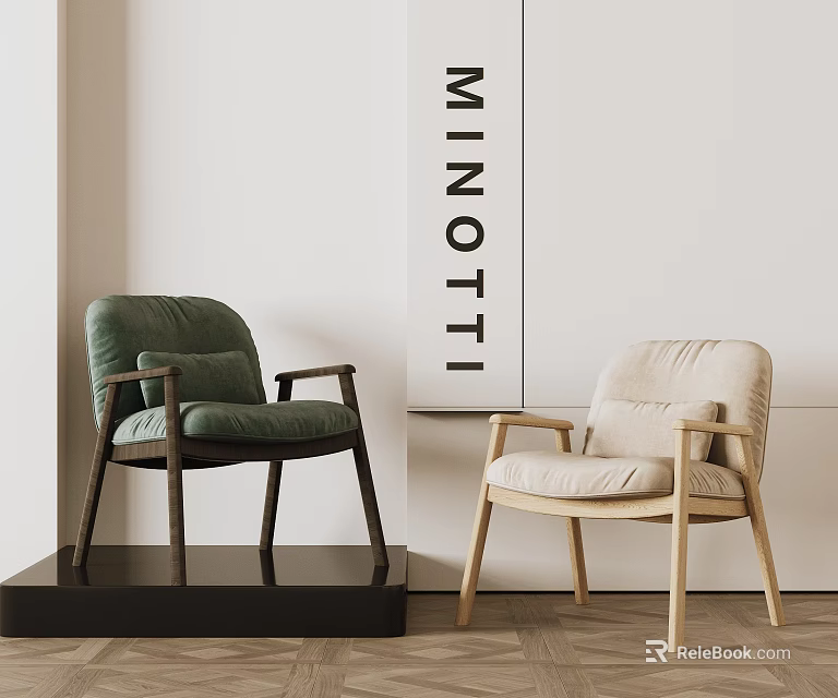 Minotti Modern Lounge Chairs Green And Beige Upholstered Fabric With Wooden Frame 3d model 