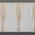Three Panel Modern Beige And White Curtains With Pleated Design And Elegant Tiebacks 3d model