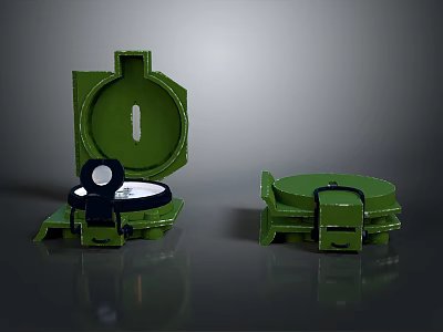 Green Military Compass Pair Open And Closed On Black Surface 3d model