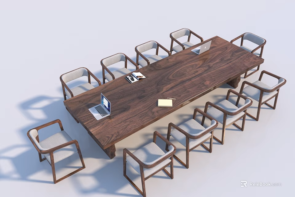Modern Wooden Conference Table With Surrounding Chairs And Laptop On Top 3d model 