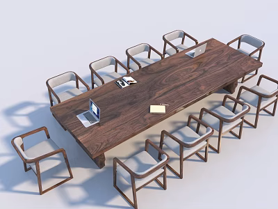 Modern Wooden Conference Table With Surrounding Chairs And Laptop On Top 3d model