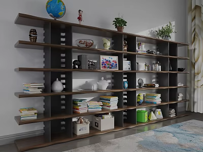 Dark Brown Layered Bookshelf With Multiple Shelves Globe Figurine Potted Plants Books And Storage Boxes 3d model