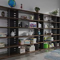 Dark Brown Layered Bookshelf With Multiple Shelves Globe Figurine Potted Plants Books And Storage Boxes