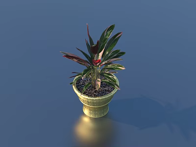 Potted Bonsai Plant With Green And Red Leaves In Golden Decorative Pot 3d model