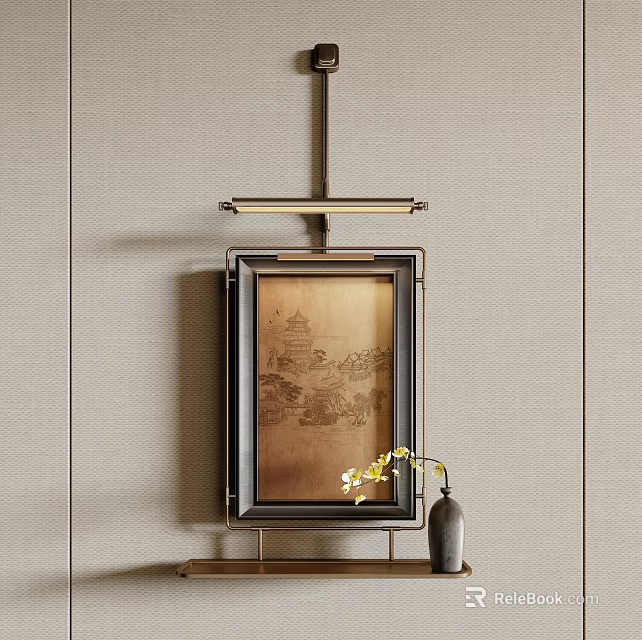 Abstract Landscape Painting With Black Frame Against Beige Wall And Vase With Yellow Flowers Below 3d model 