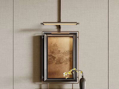 Abstract Landscape Painting With Black Frame Against Beige Wall And Vase With Yellow Flowers Below 3d model