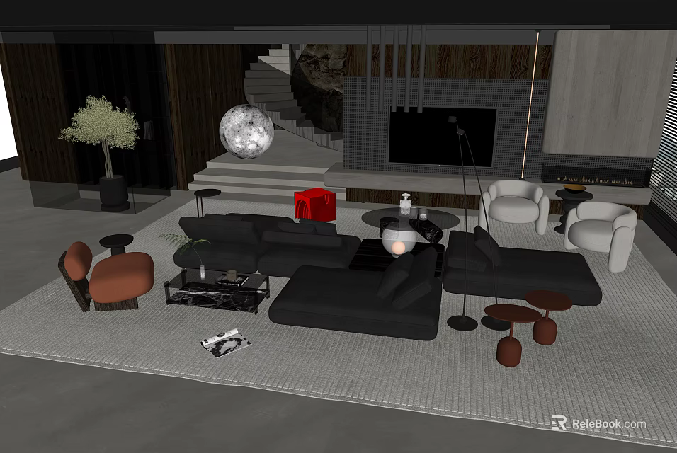 Modern Black Sofa Coffee Table Set With Accent Chairs Decorative Lamp And Area Rug 3d model 