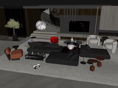 Modern Black Sofa Coffee Table Set With Accent Chairs Decorative Lamp And Area Rug 3d model