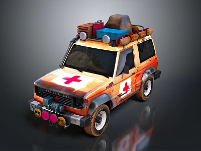 Orange Off Road Vehicle With Red Cross Symbol Roof Rack Carrying Luggage For Rescue Missions 3d model