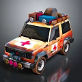 Orange Off Road Vehicle With Red Cross Symbol Roof Rack Carrying Luggage For Rescue Missions