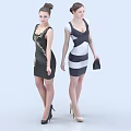 Two Women in Stylish Dresses with High Heels and Handbag Standing Side by Side