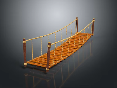 Wooden Plank Rope Bridge Featuring Rope Railings And Support Posts Structure 3d model