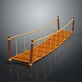 Wooden Plank Rope Bridge Featuring Rope Railings And Support Posts Structure 3d model