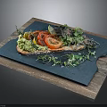 Fresh Avocado Tomato Toast With Lemon Slice Lettuce And Green Garnish On Black Slate Board