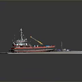 Detailed Red Black Green Ship Model on Gray Platform with Crane Structure 3d model