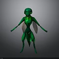 Green Insect With Wings Standing Pose Streamlined Body 3D Model On Gray Background