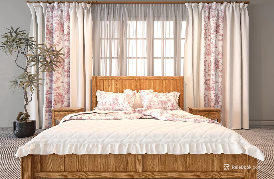 Elegant Pink Floral Pattern Curtains with White Sheer Fabric in Cozy Bedroom with Wooden Headboard 3d model 