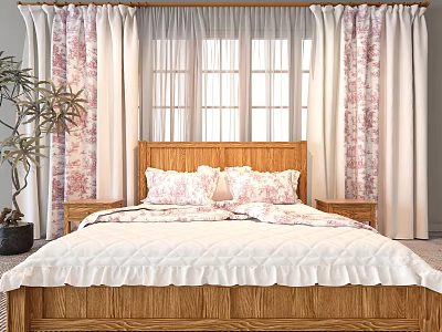 Elegant Pink Floral Pattern Curtains with White Sheer Fabric in Cozy Bedroom with Wooden Headboard 3d model