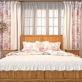 Elegant Pink Floral Pattern Curtains with White Sheer Fabric in Cozy Bedroom with Wooden Headboard
