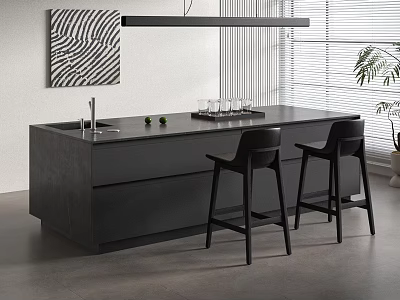 Modern Black Bar Counter With Bar Stools Wine Glasses Striped Wall Art And Potted Plant 3d model