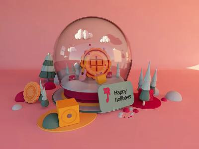 Decorative Ornament Set With Glass Globe Happy Holidays Sign Colorful Base And Small Ornaments 3d model