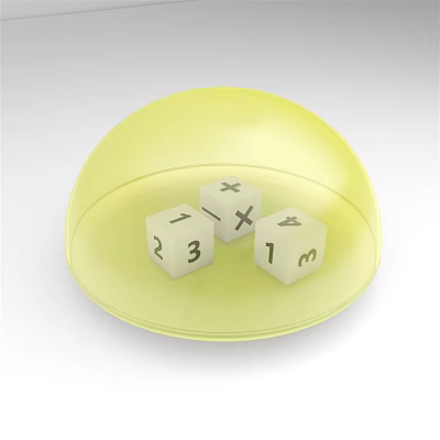 Tabletop Board Game Entertainment Featuring Yellow Hemisphere Cover and Three Dice 3d model