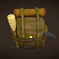 Brown Leather Vintage Backpack With Yellow Buttons Rolled Items Top Wooden Sticks Patched Details
