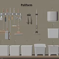 White Bathroom Accessories With Wall Mounted Storage And Organized Cleaning Tools 3d model