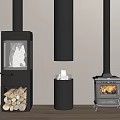 Various Black Fireplace Designs Including Glass Door Wood Storage and Cylindrical Models with Flames 3d model