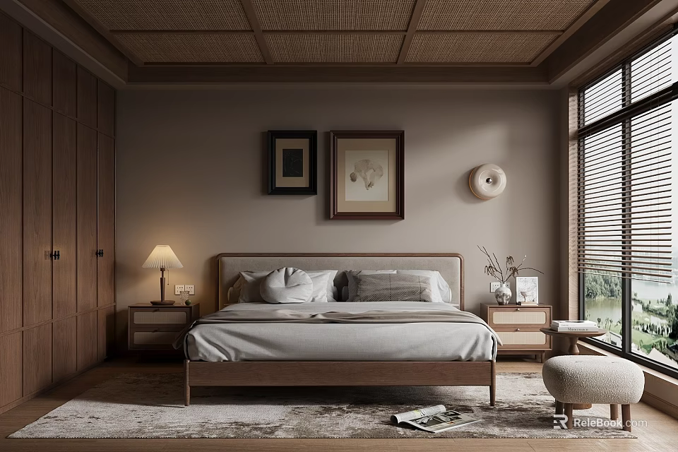 Natural Wooden Bedroom Interior With Framed Paintings Nightstand Lamp Rug Blinds And Stool 3d model 