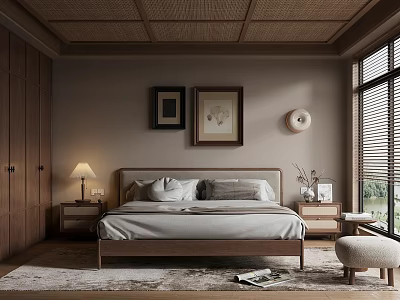 Natural Wooden Bedroom Interior With Framed Paintings Nightstand Lamp Rug Blinds And Stool 3d model